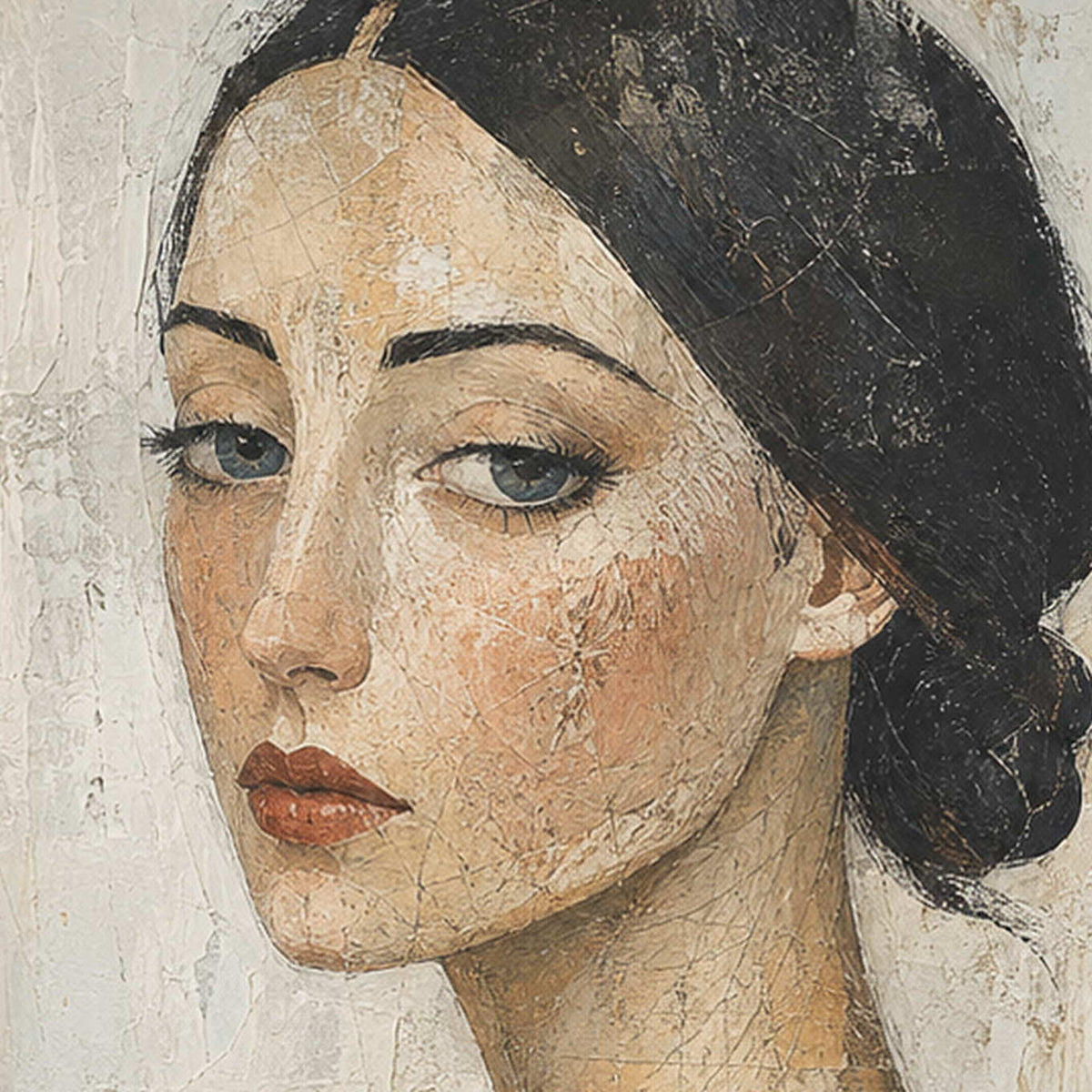 Close-up of raised hand-painted texture in neutral, warm tones, and black.