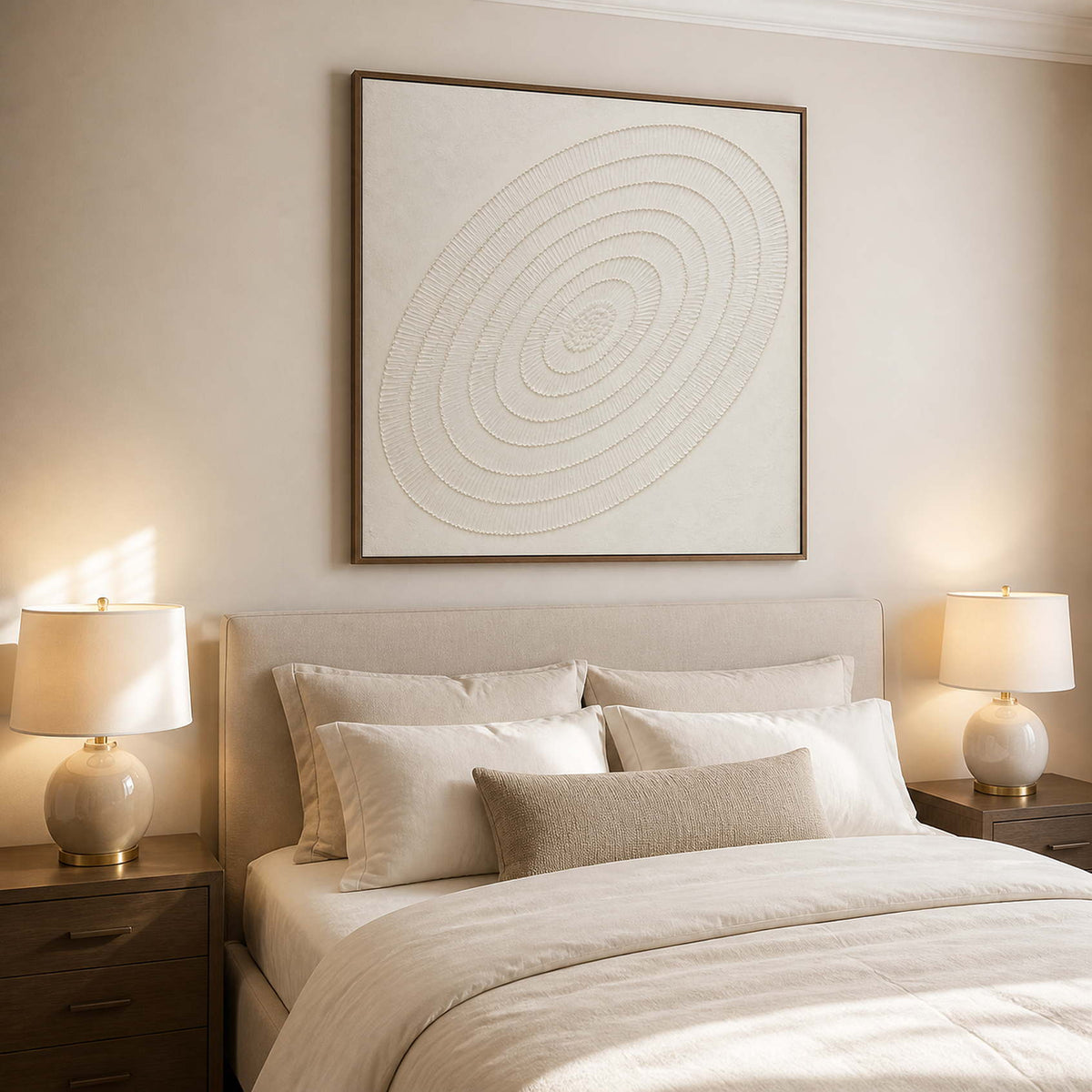 Calm ivory textured wall art displayed above a luxury primary bedroom.