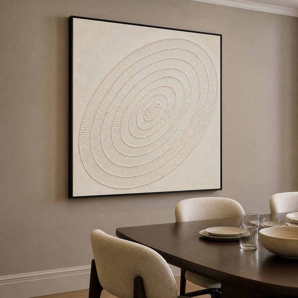 Square white concentric wall art displayed in a refined American dining room.