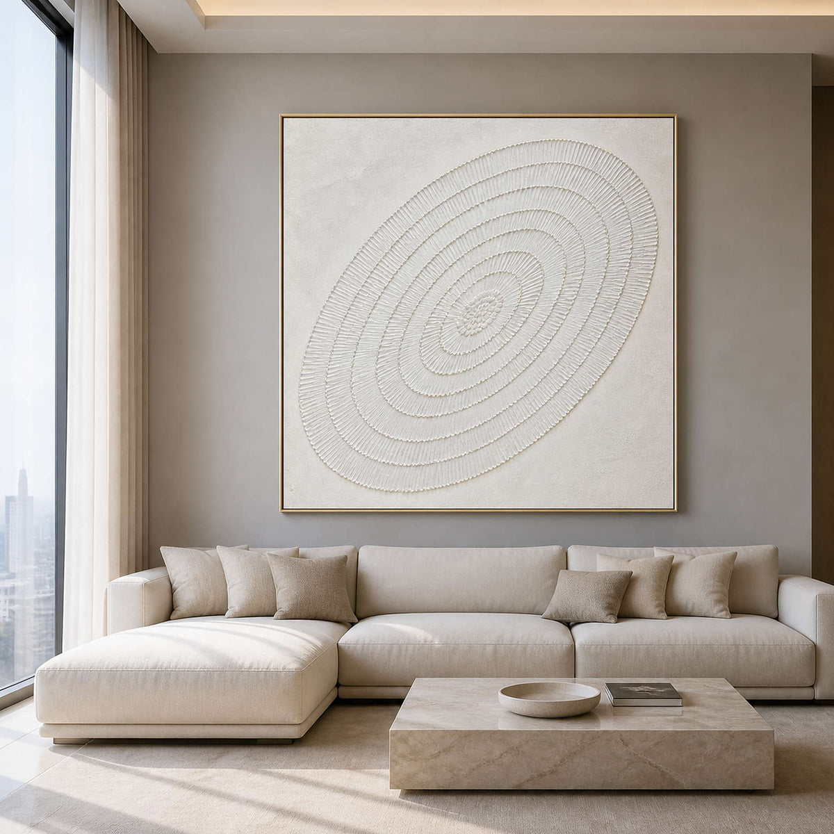 White concentric textured Wabi Sabi wall art displayed in a modern luxury living room.