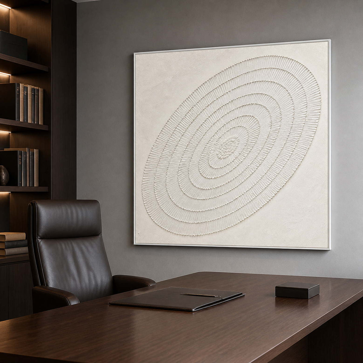 Square white minimalist wall art displayed in a modern private office.