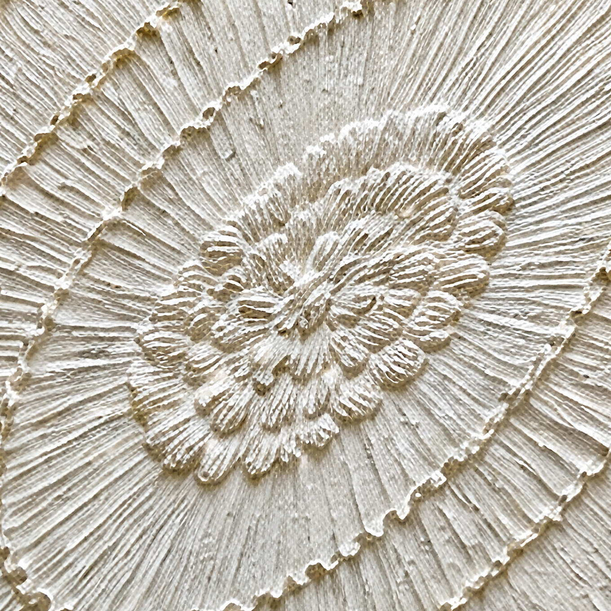 Close-up of finely ridged concentric white and ivory paint texture.