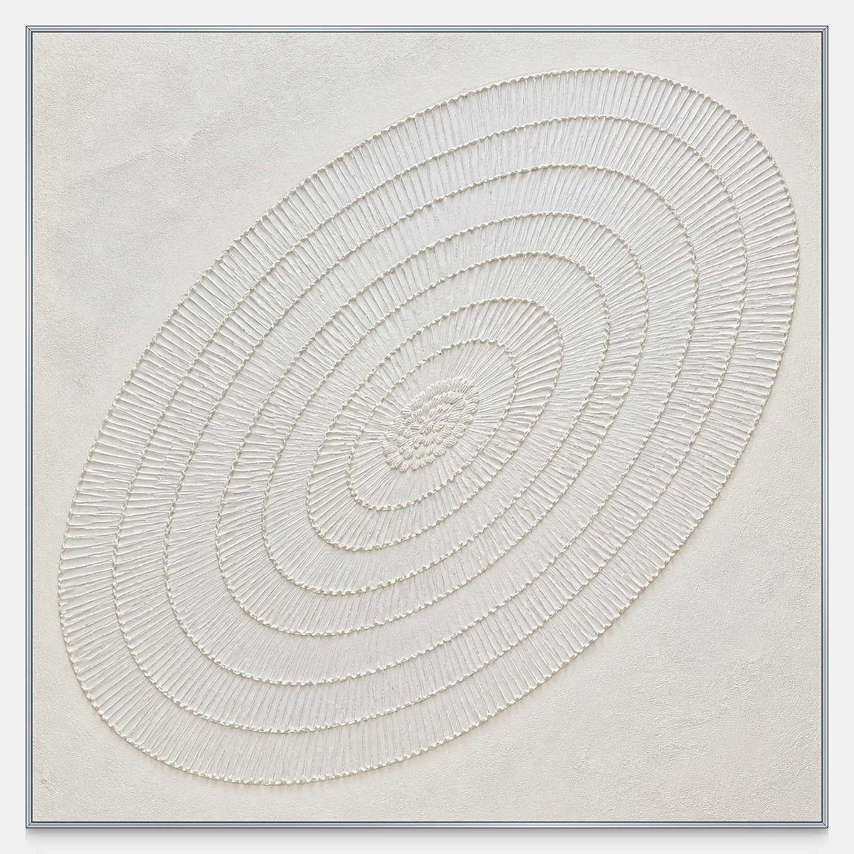 Hand-worked square Wabi Sabi wall art with concentric ridges in white, ivory, and pale sand.