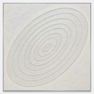 Hand-worked square Wabi Sabi wall art with concentric ridges in white, ivory, and pale sand.