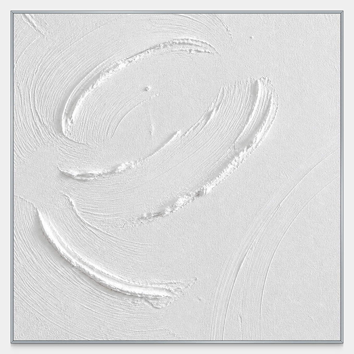 Hand-painted square minimalist wall art with raised circular gestures in white and ivory.
