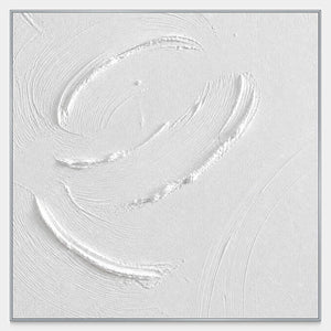 Hand-painted square minimalist wall art with raised circular gestures in white and ivory.