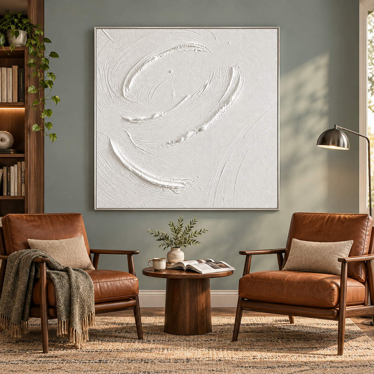 White minimalist relief painting with raised circular gestures in a silver frame in a reading room.