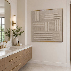 Minimalist textured canvas in a serene bathroom space.