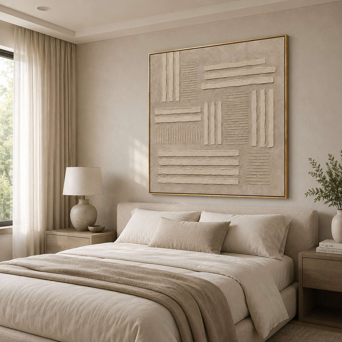 Calm textured wall art for a neutral bedroom.