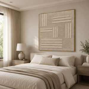 Calm textured wall art for a neutral bedroom.