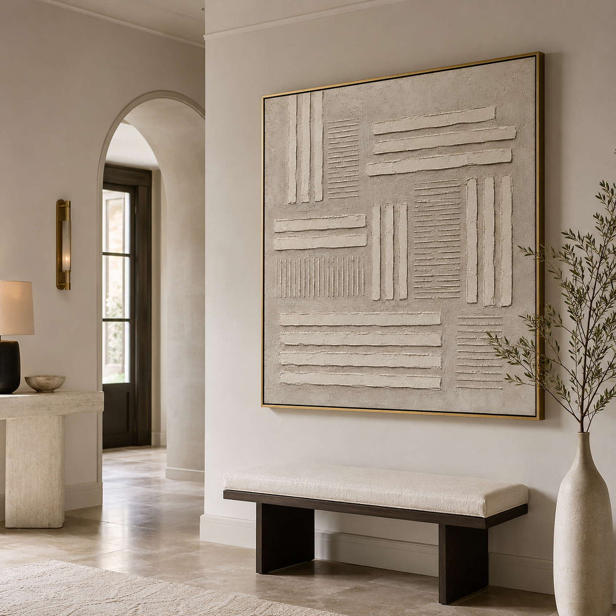 Hand-painted textured canvas for hospitality interiors.