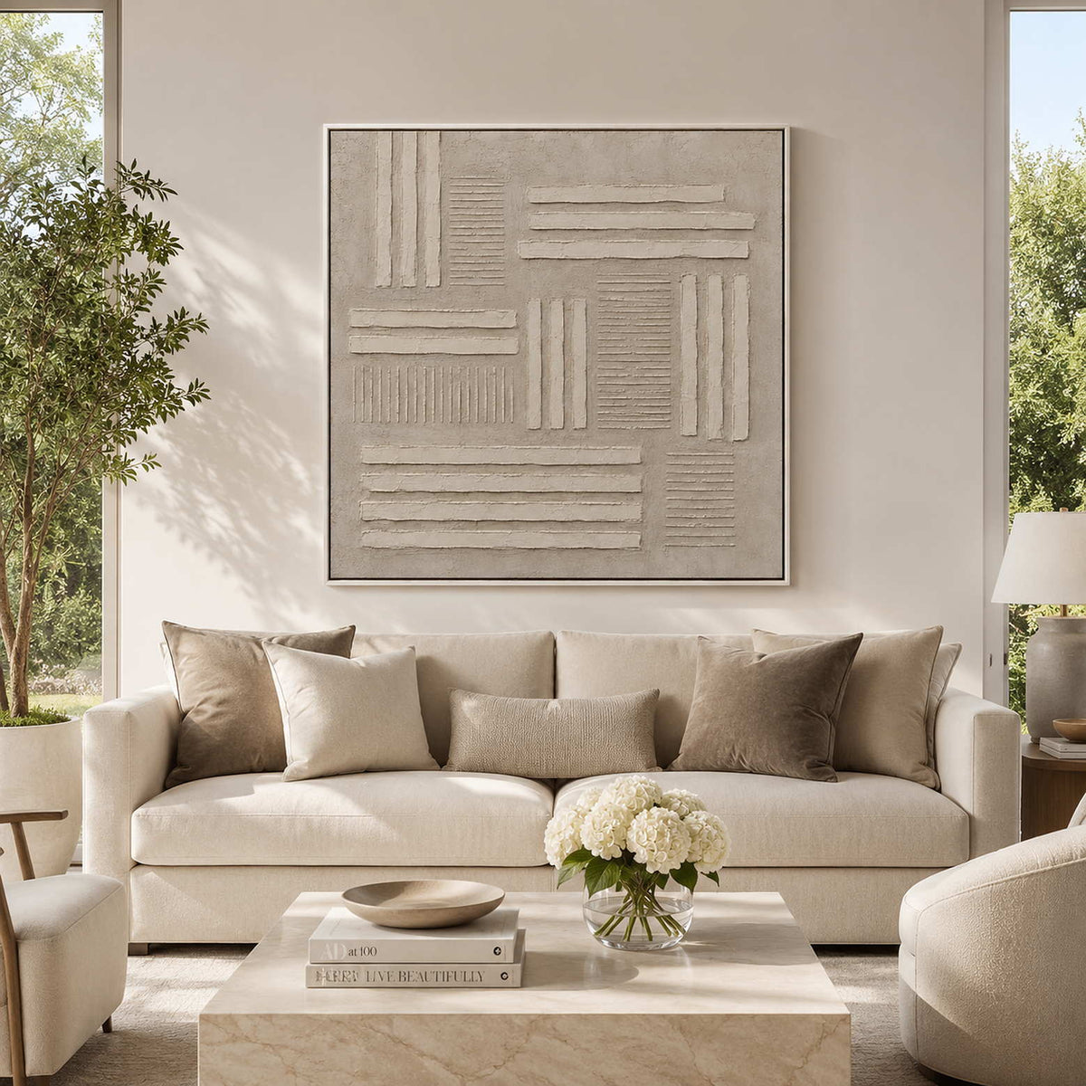 Geometric textured wall art styled in a living room.