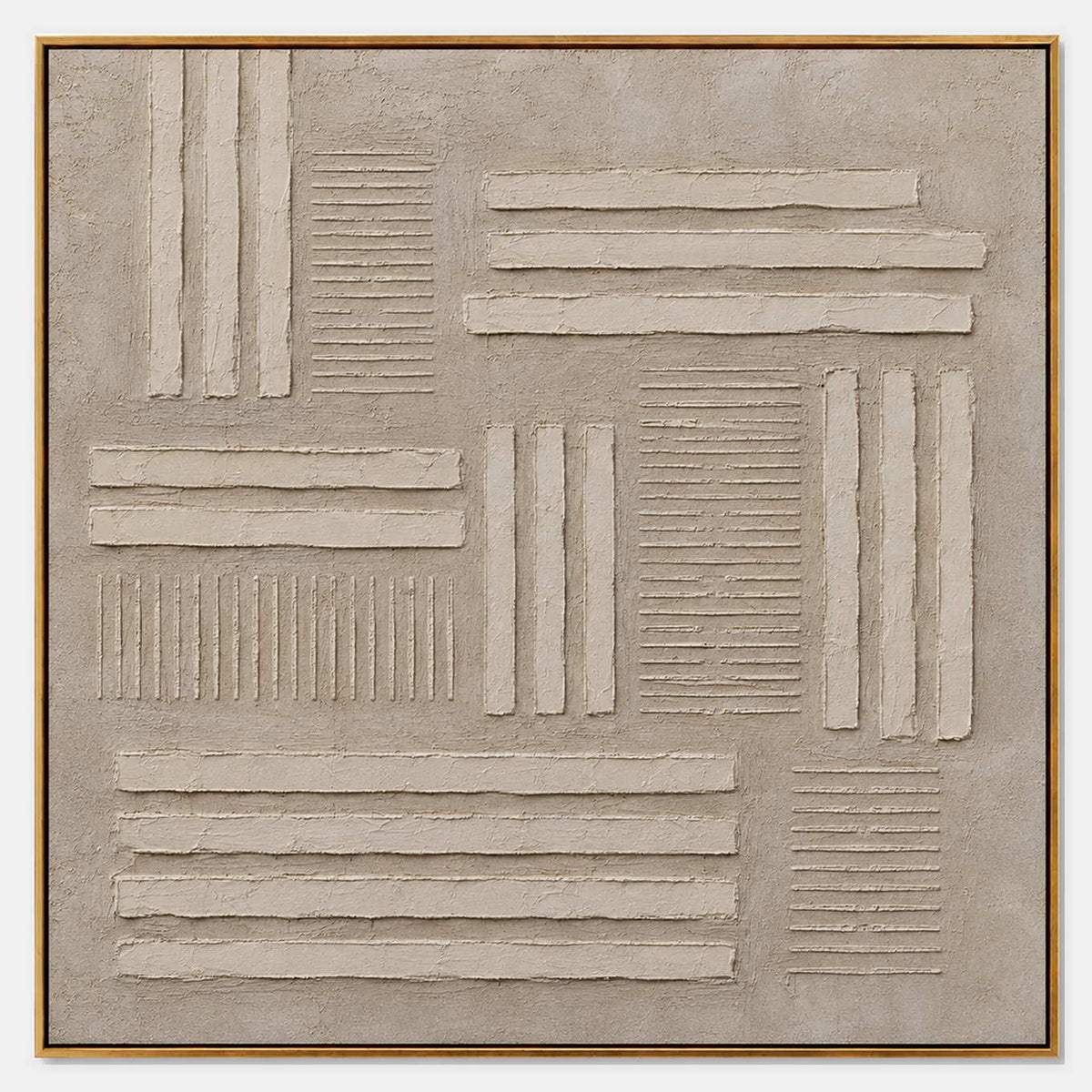 Hand-painted neutral textured canvas with raised geometric lines.