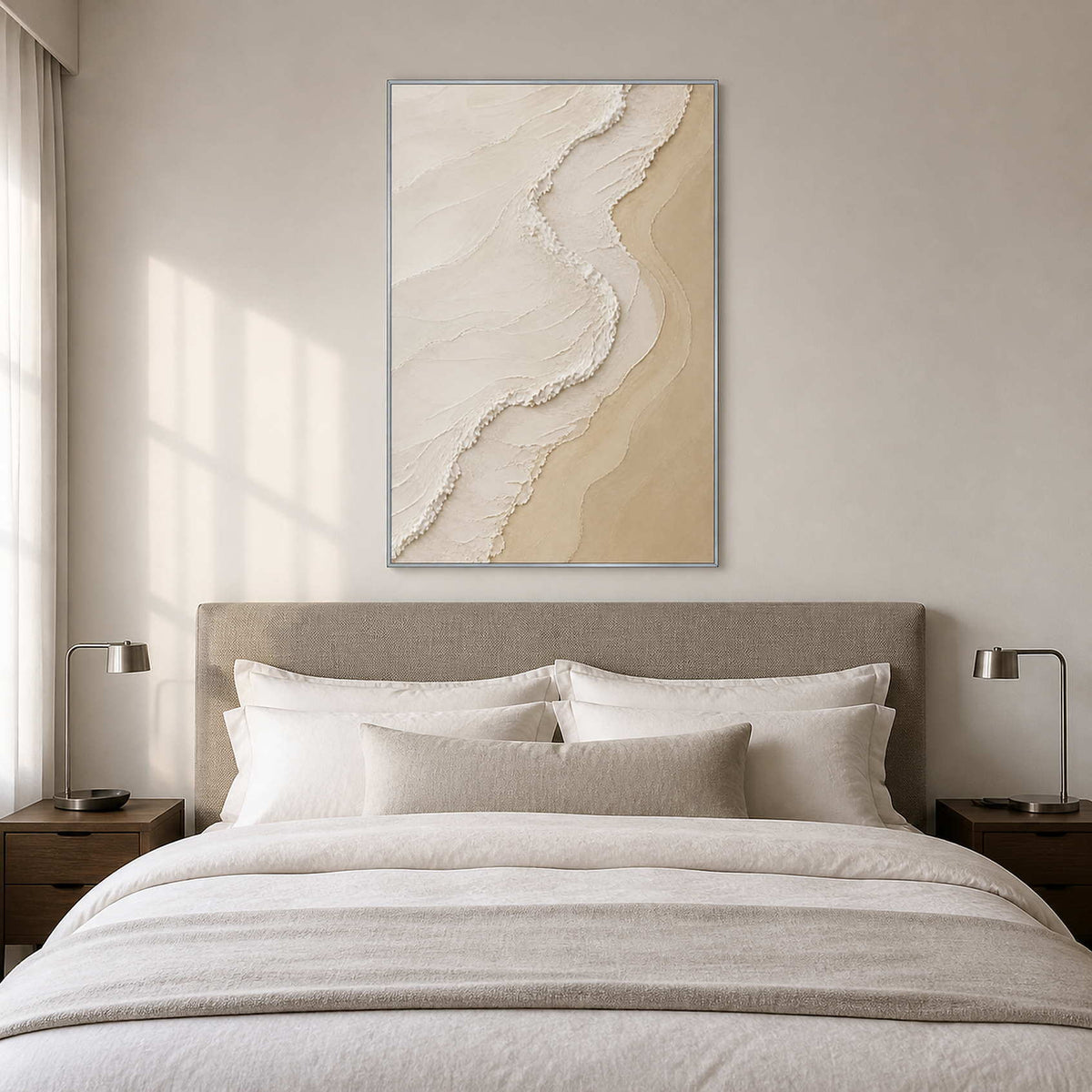 Calm neutral textured canvas displayed above a softly upholstered bed.