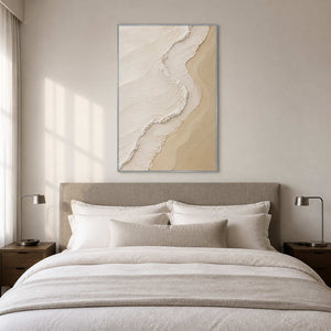 Calm neutral textured canvas displayed above a softly upholstered bed.