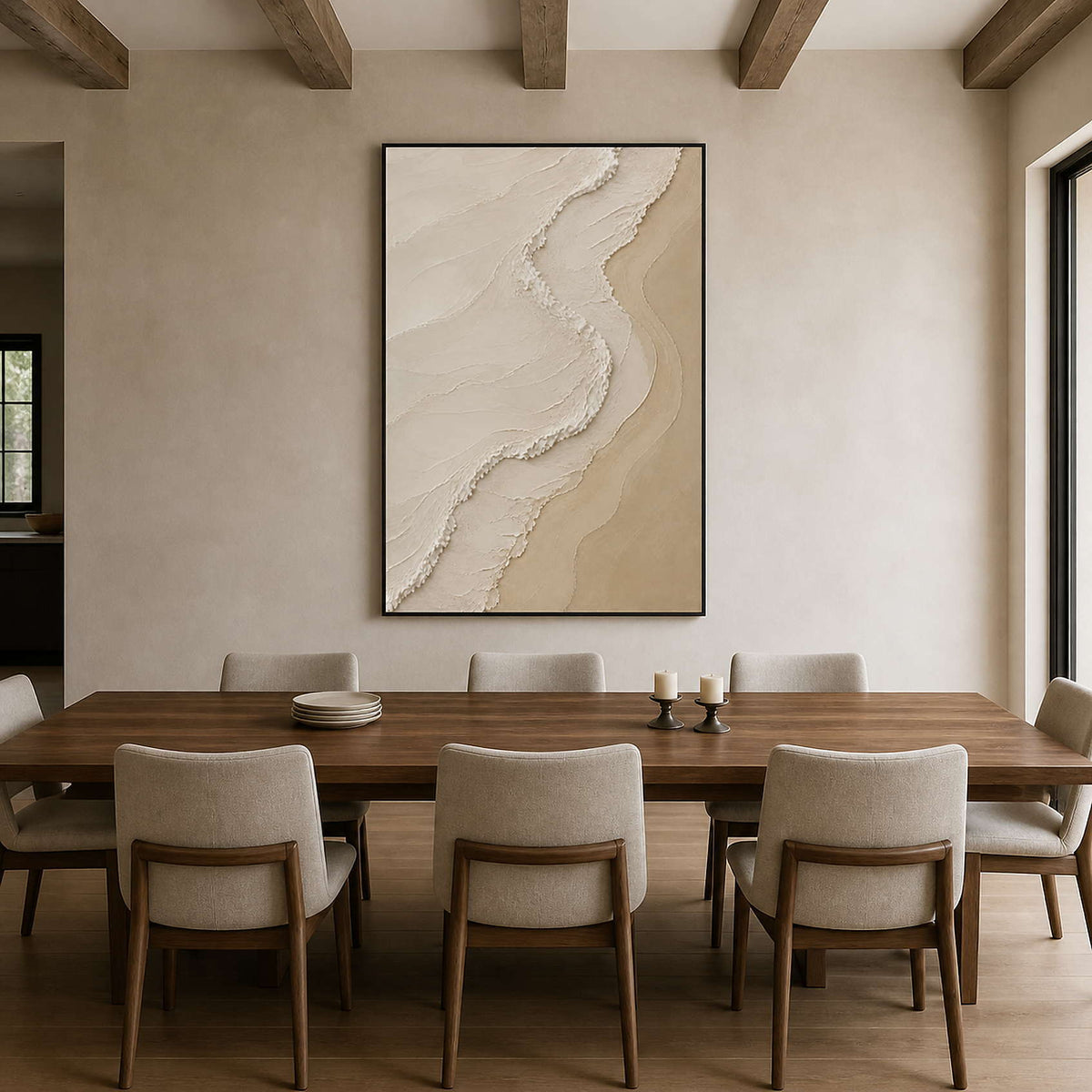 Ivory and sand textured artwork above a walnut dining table.