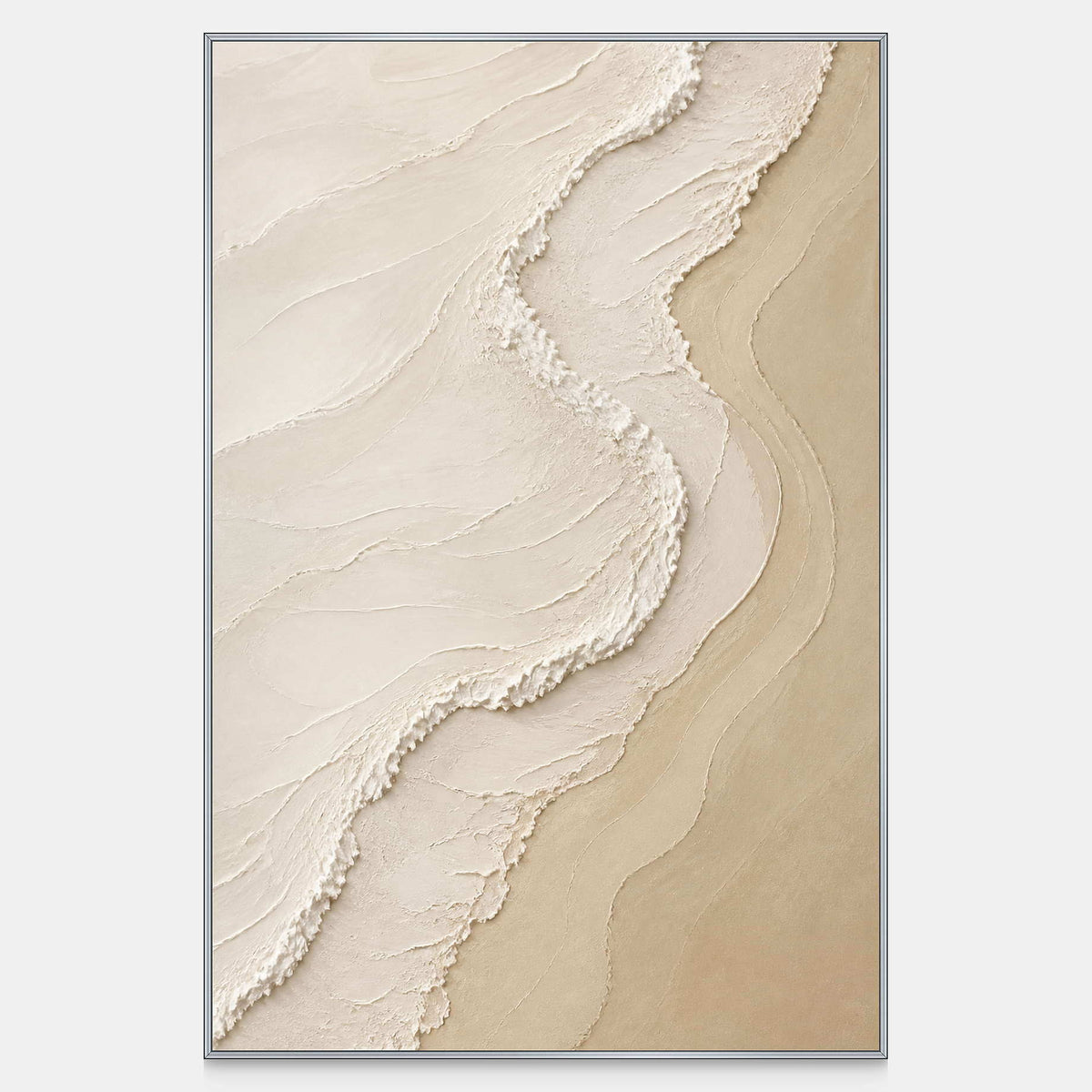 Hand-painted vertical artwork with flowing ivory ridges over warm sand and cream.