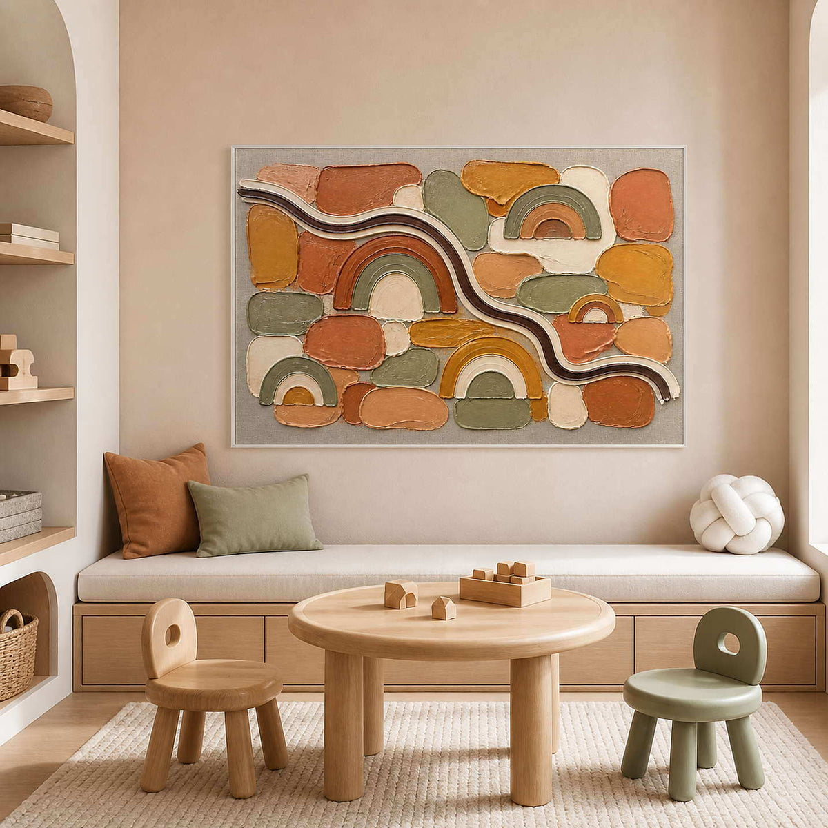 Terracotta rainbows and warm geometric blocks wall art in a contemporary bedroom.