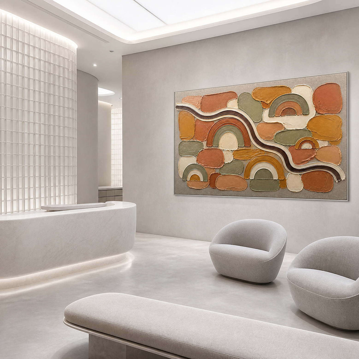 Terracotta rainbows and warm geometric blocks wall art in a contemporary commercial lobby.