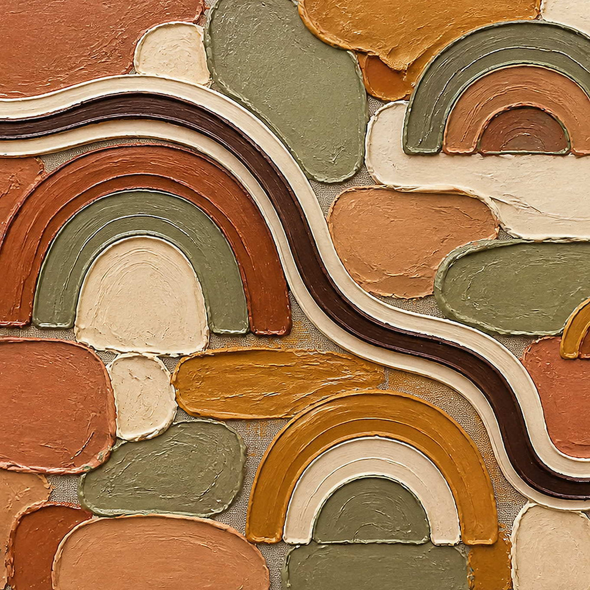 Close-up of the painted texture in terracotta rainbows and warm geometric blocks.
