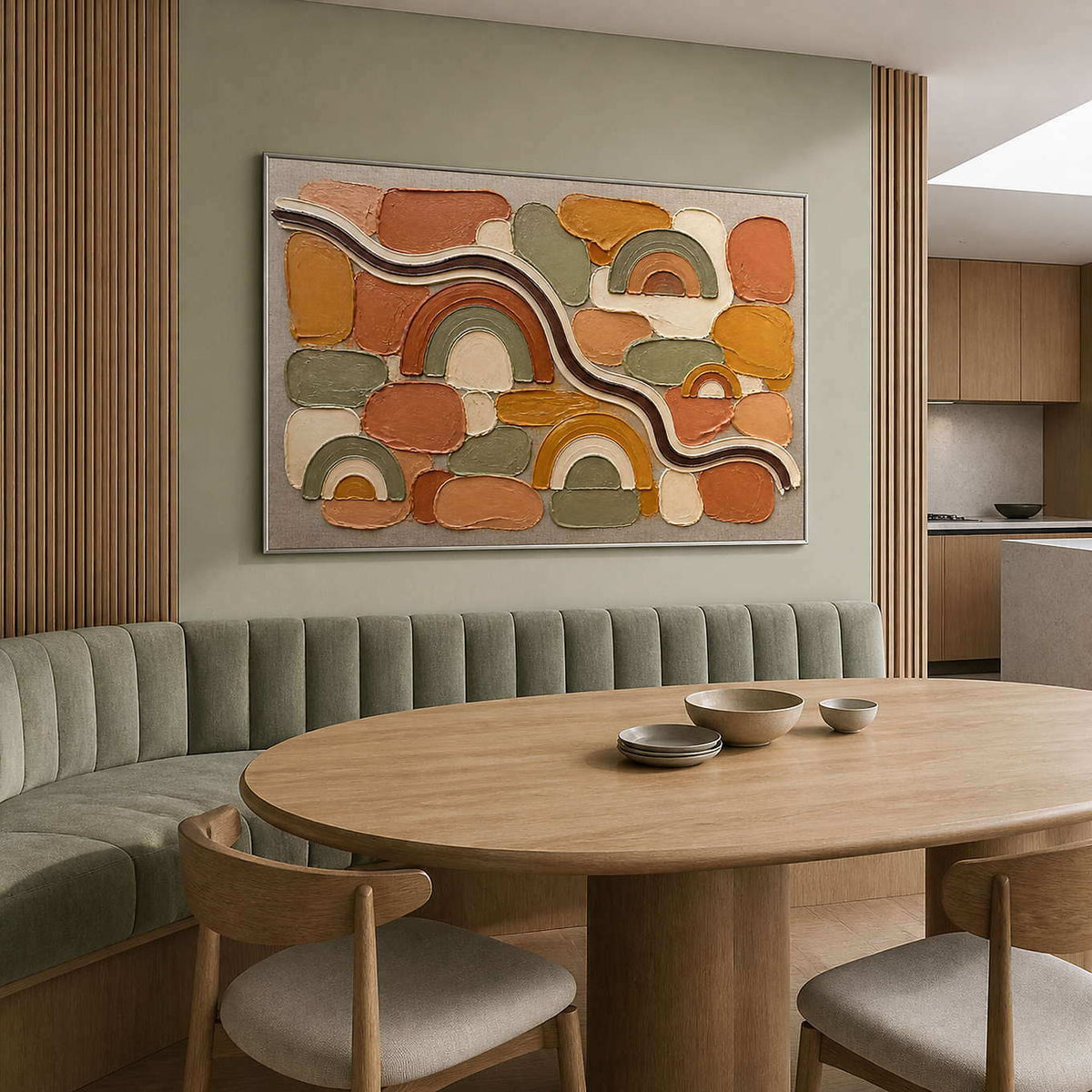 Terracotta rainbows and warm geometric blocks wall art in a contemporary dining room.