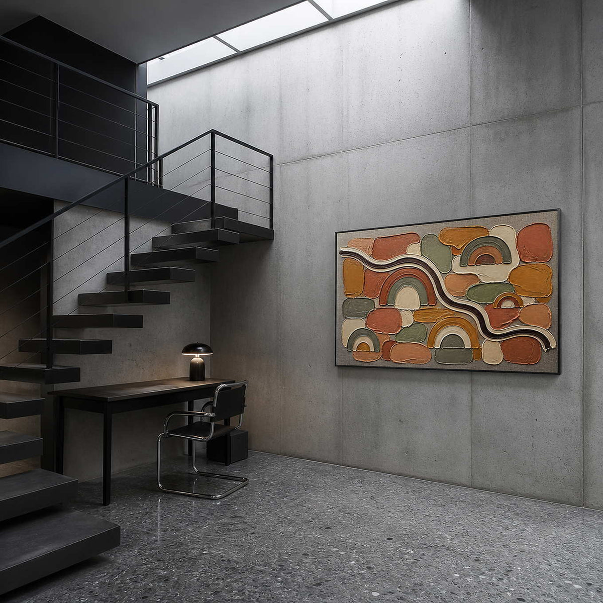 Terracotta rainbows and warm geometric blocks wall art in a contemporary home office.
