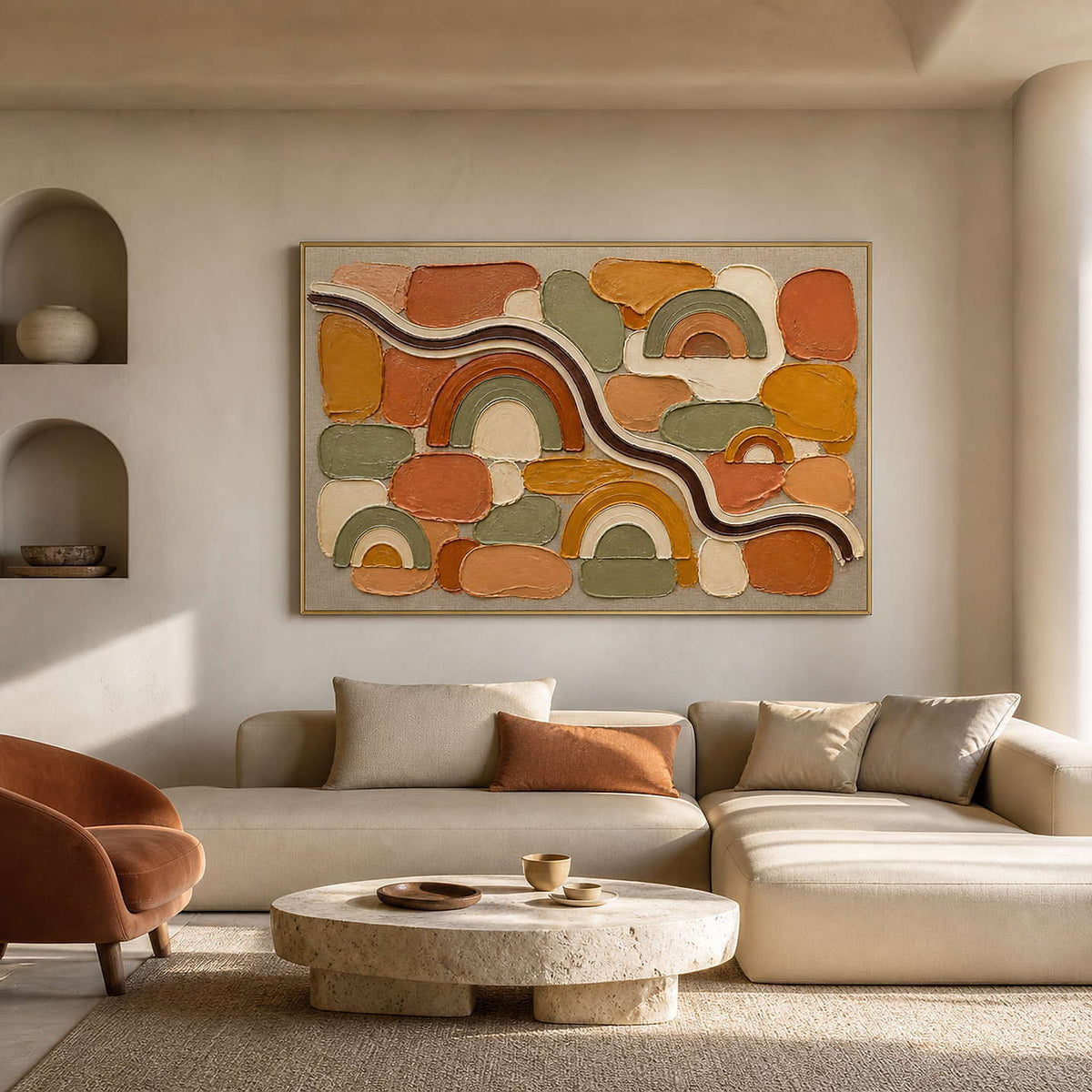Terracotta rainbows and warm geometric blocks wall art in a contemporary living room.