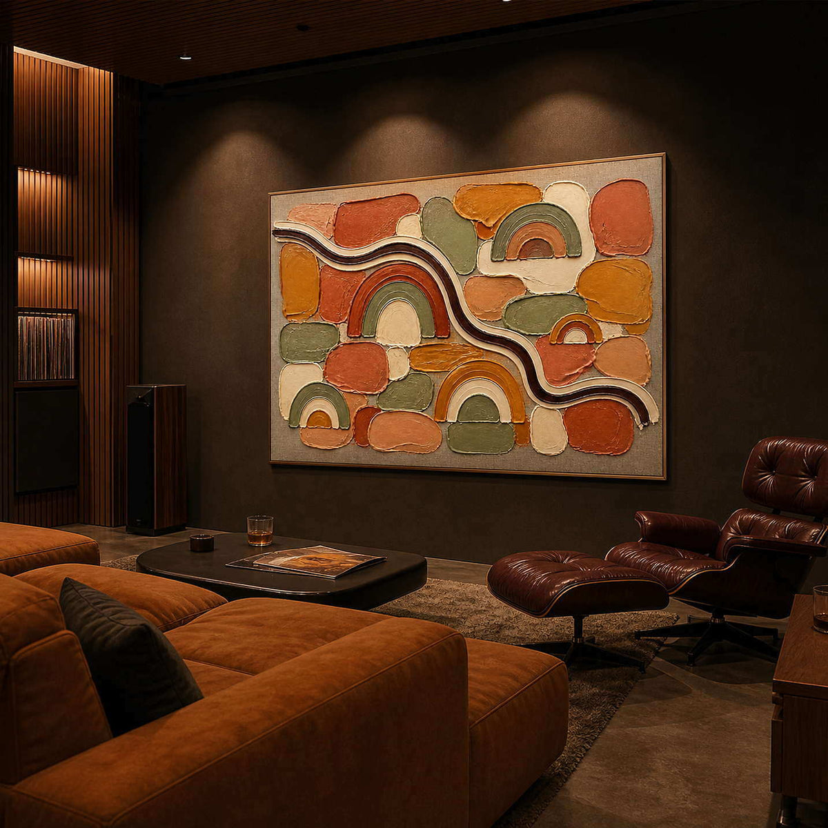 Terracotta rainbows and warm geometric blocks wall art in a contemporary stair hall.