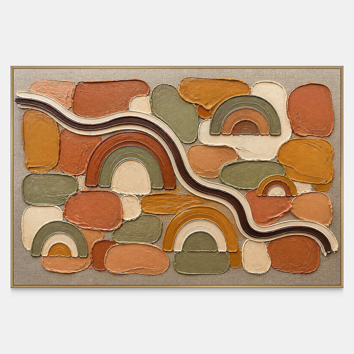 Hand-painted terracotta rainbows and warm geometric blocks canvas with raised texture.
