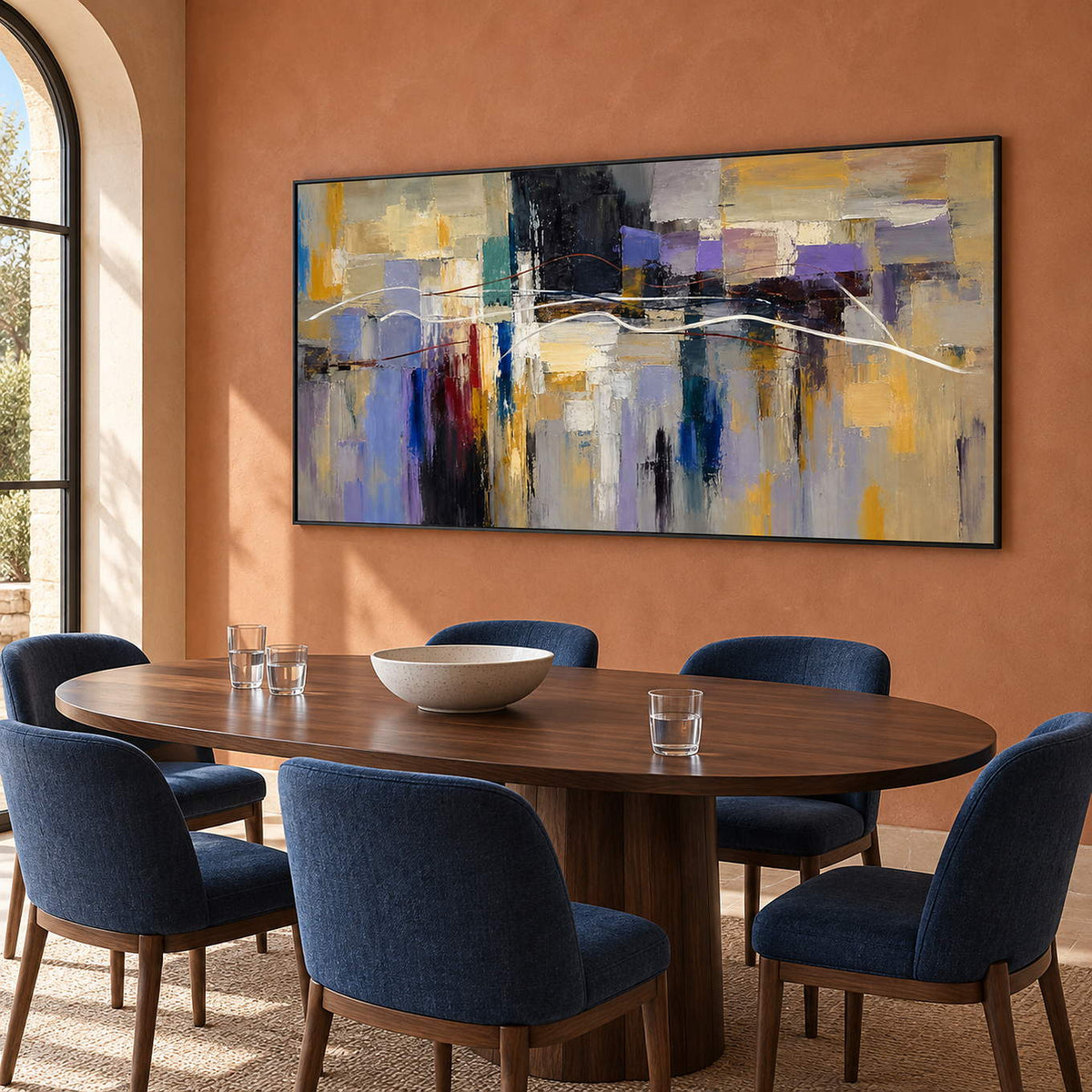 Hand-painted textured abstract wall art in golden ochre, smoky violet, slate blue, and charcoal, displayed in a dining room in a black frame.
