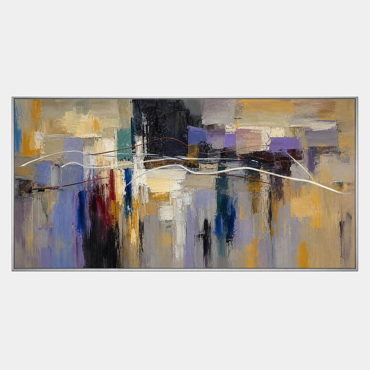 Hand-painted textured abstract wall art in golden ochre, smoky violet, slate blue, and charcoal.