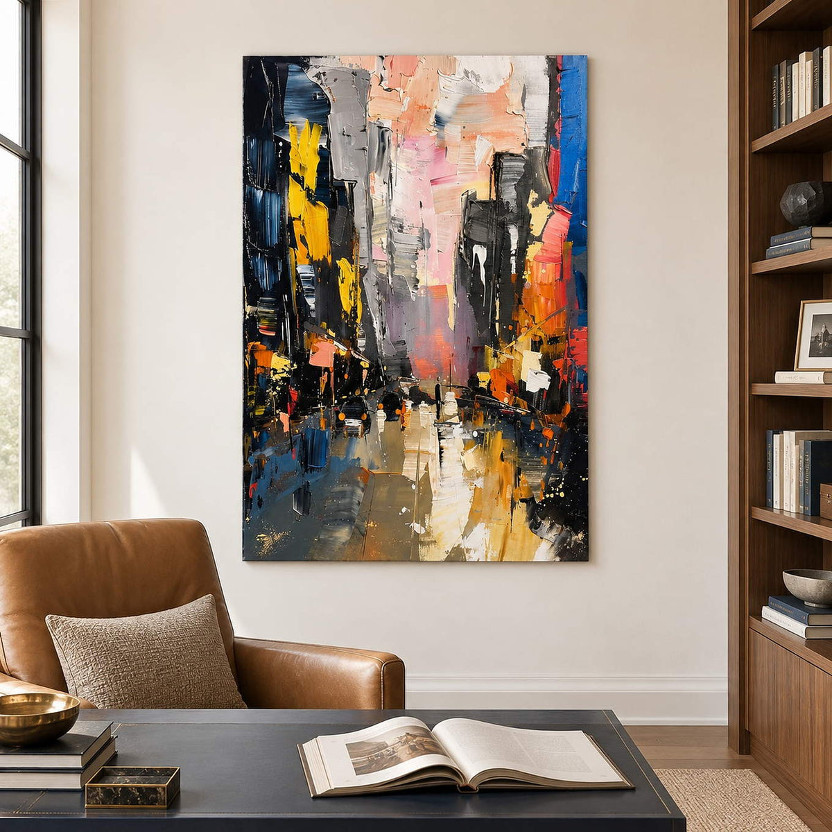 Textured rainy city street painting with yellow lights and dark buildings without an outer frame in a home office.