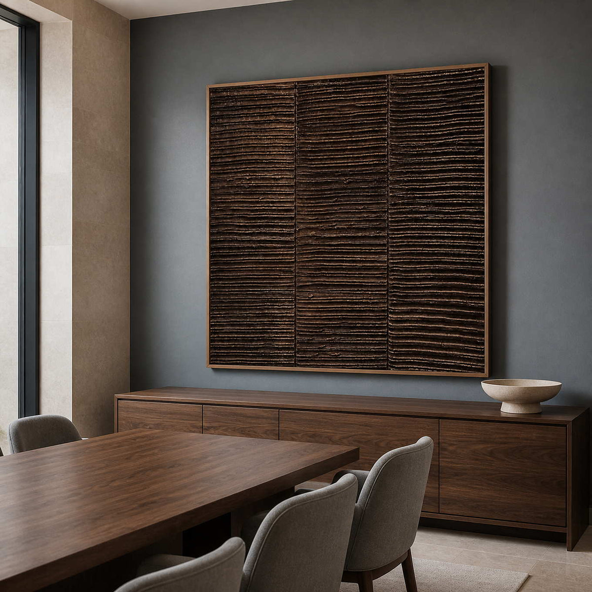 Wood framed square ridged painting beside a wooden dining table.