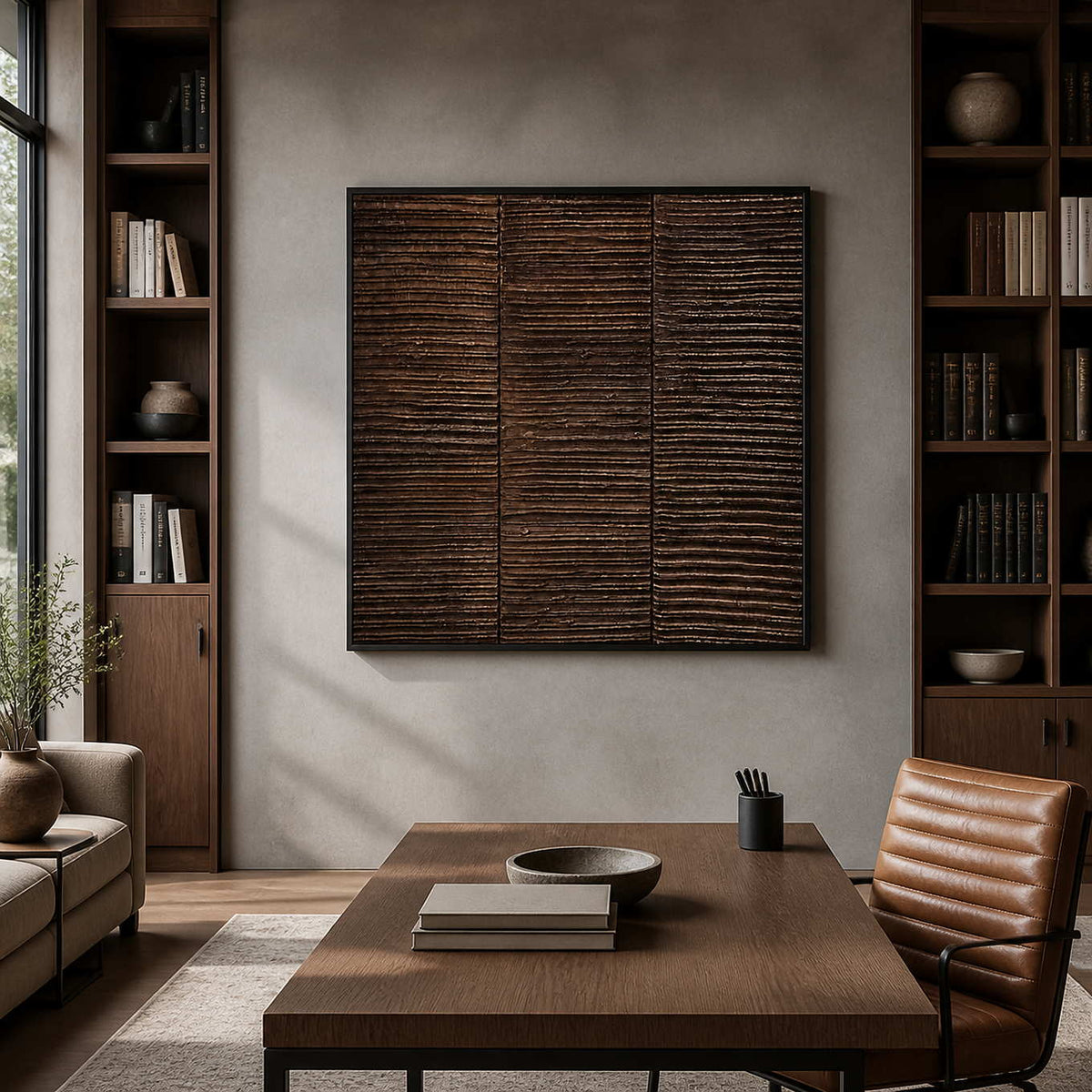 Black framed brown ridged artwork between bookshelves above a home study desk.