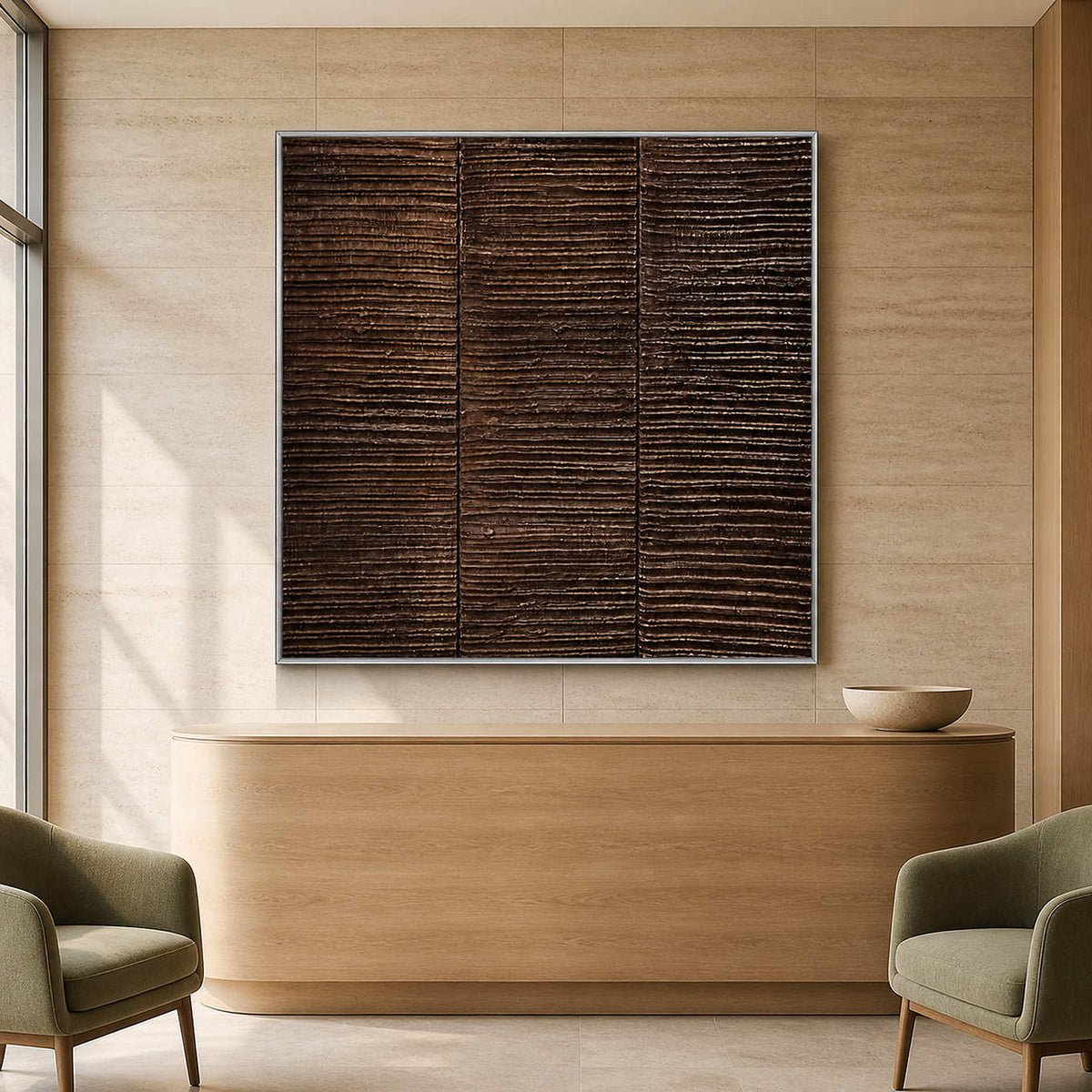 Silver framed brown textured painting behind a curved wooden wellness reception desk.