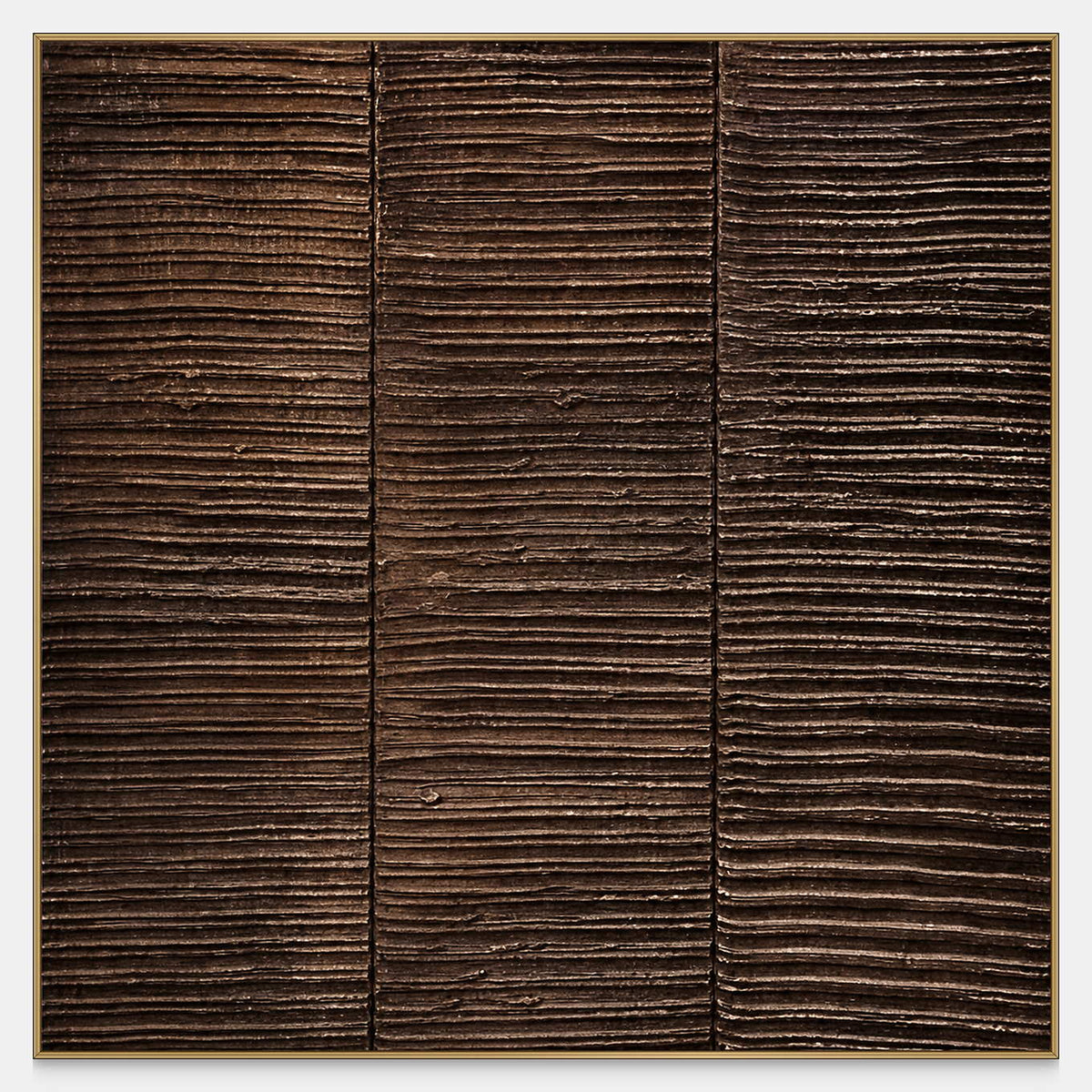 Square brown textured artwork with fine horizontal ridges divided into three vertical sections.