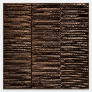 Square brown textured artwork with fine horizontal ridges divided into three vertical sections.