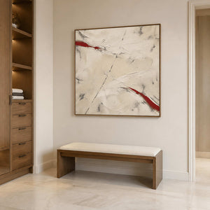 Red Cuts Through Stillness in a wood-framed dry bathroom
