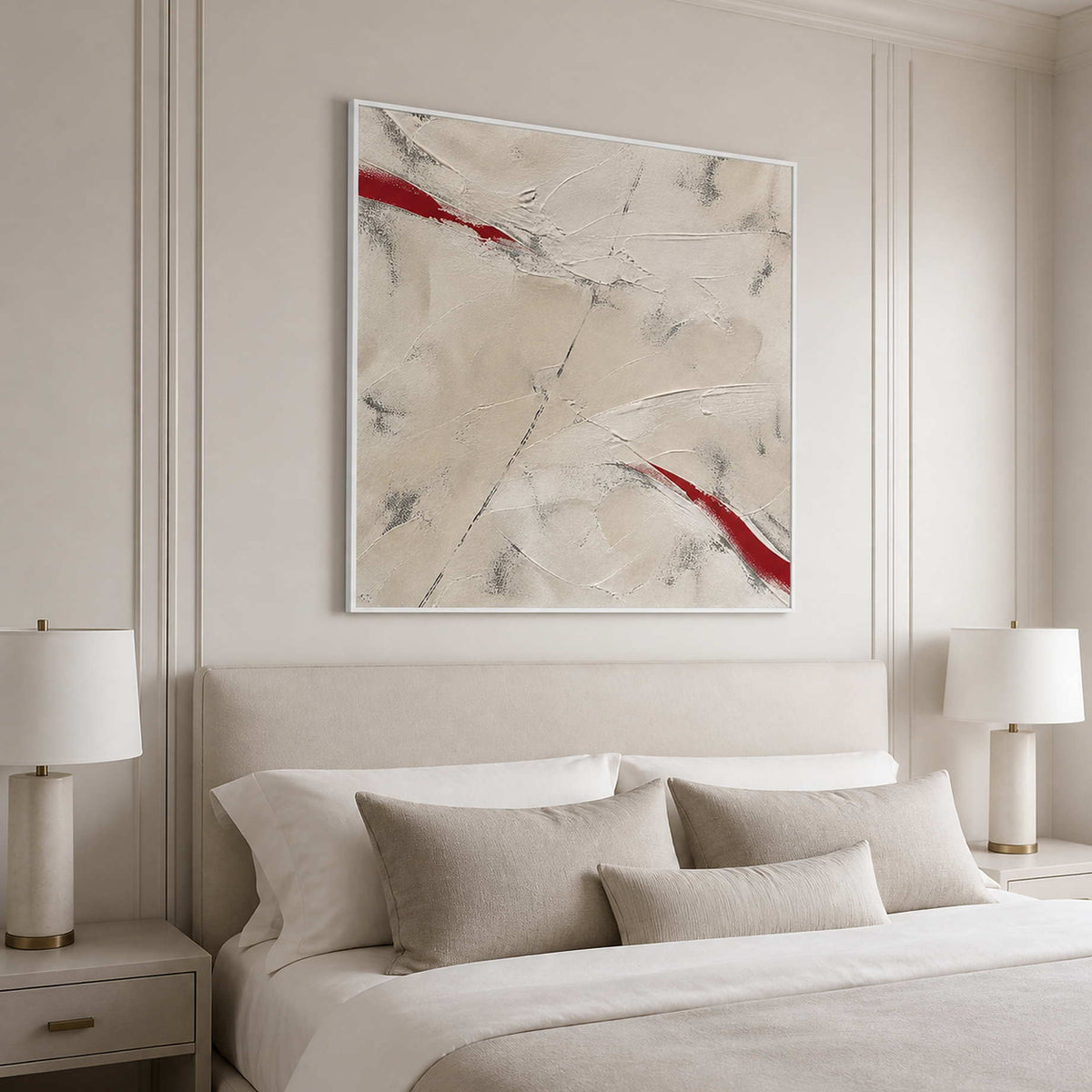 Red Cuts Through Stillness in a calm white-framed bedroom