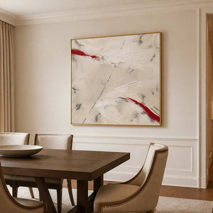 Red Cuts Through Stillness in a gold-framed dining room