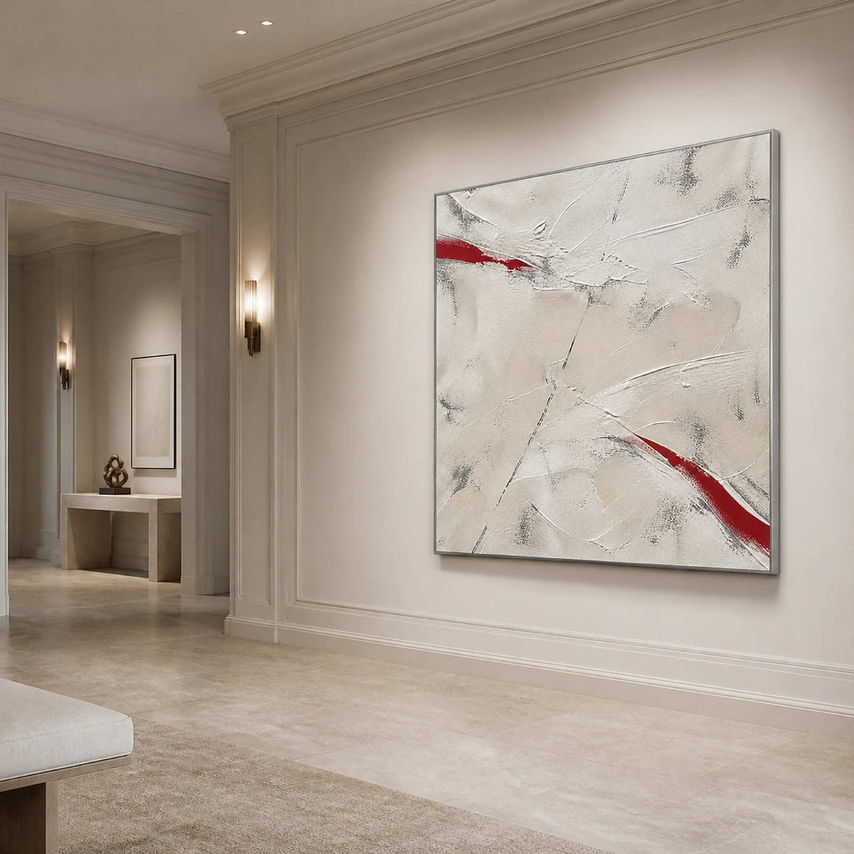 Red Cuts Through Stillness in a silver-framed bright entryway
