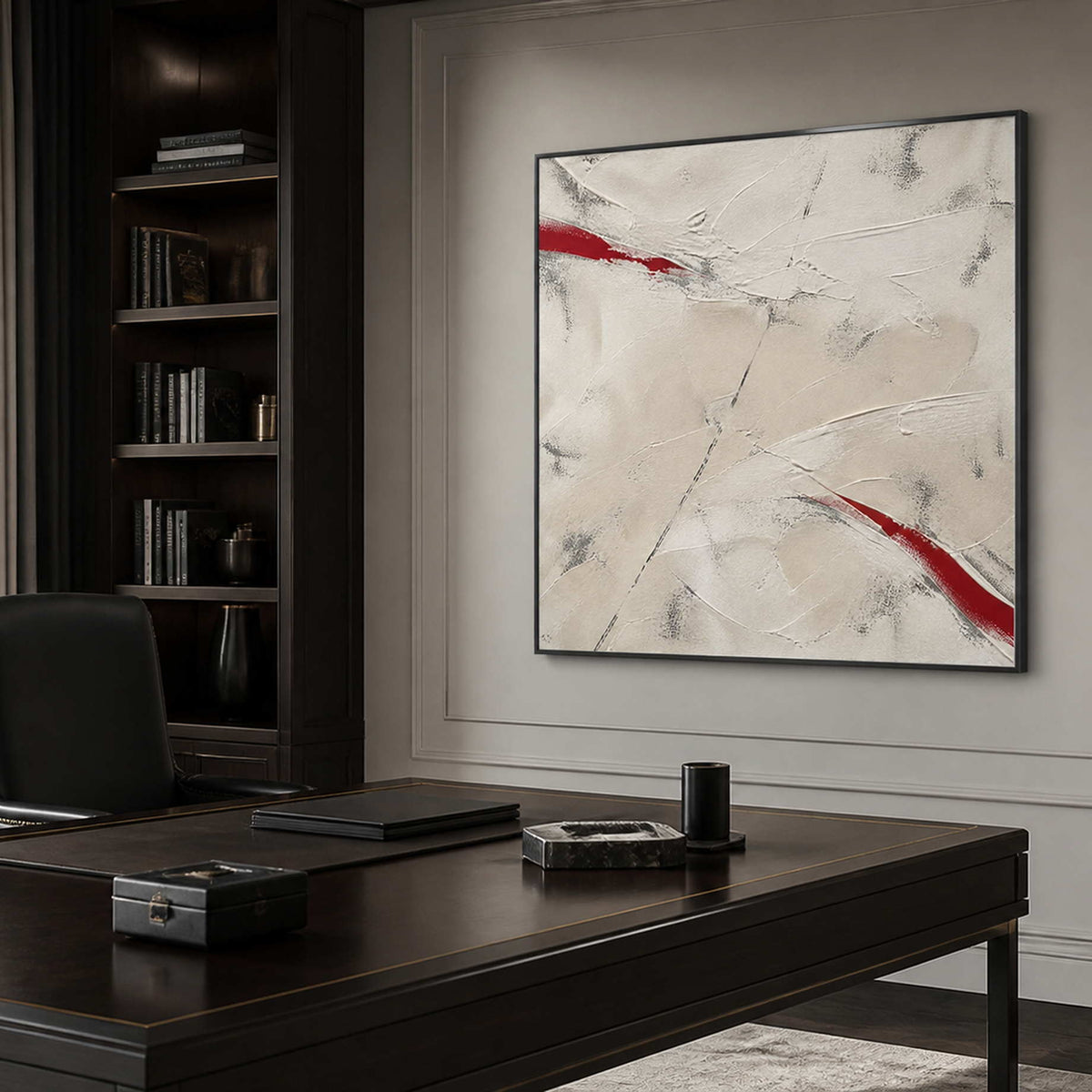 Red Cuts Through Stillness in a black-framed executive office