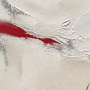 Close detail of red strokes and layered ivory palette-knife texture