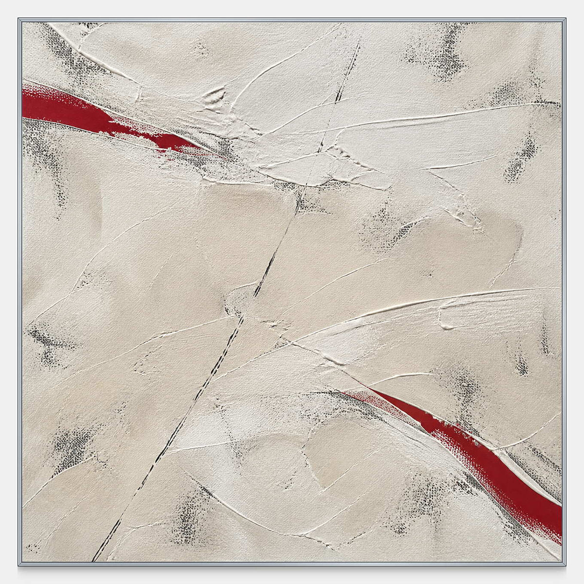 Red Cuts Through Stillness square textured abstract wall art