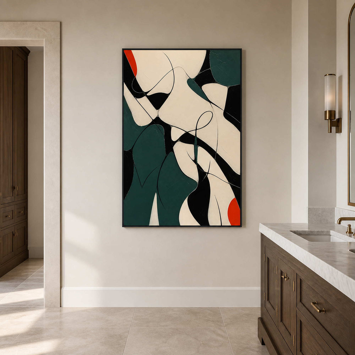 Red Notes Move Through Deep Green in a black-framed bathroom