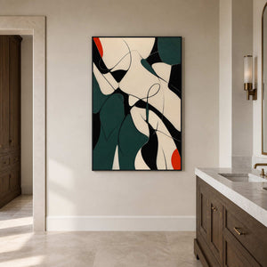 Red Notes Move Through Deep Green in a black-framed bathroom