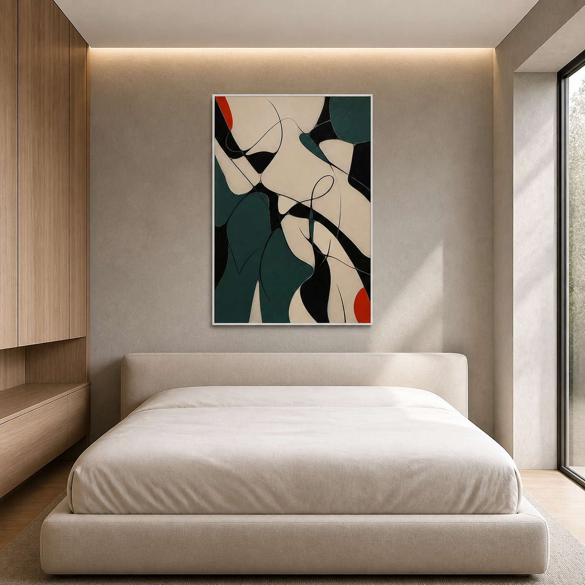 Red Notes Move Through Deep Green in a white-framed bedroom