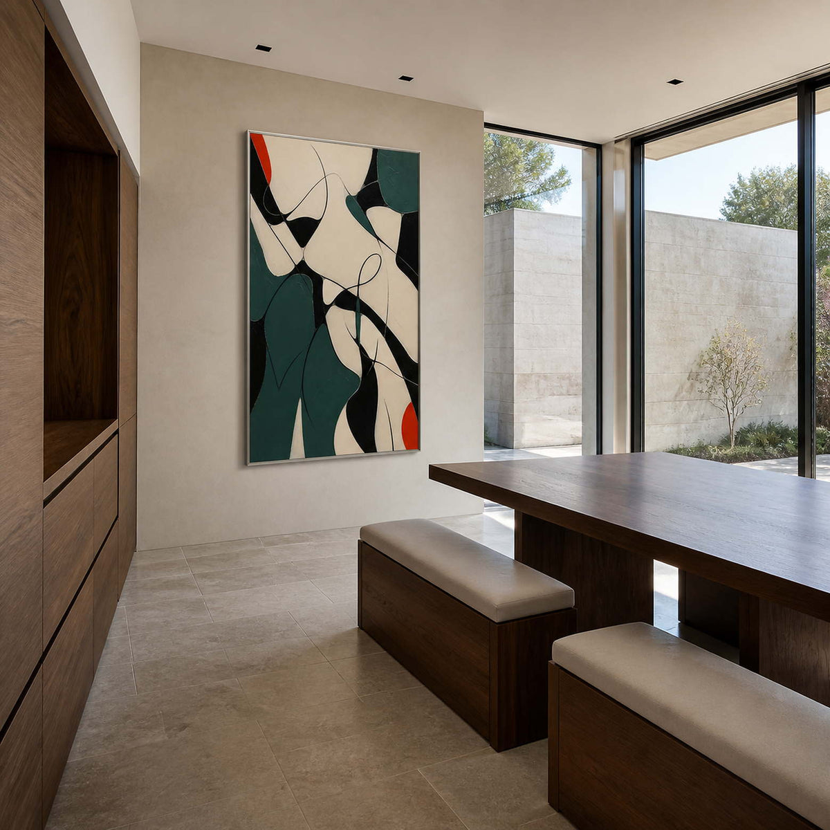 Red Notes Move Through Deep Green in a silver-framed dining room