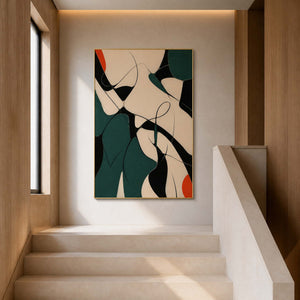 Red Notes Move Through Deep Green in a gold-framed entryway