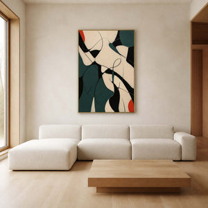 Red Notes Move Through Deep Green in a gold-framed living room